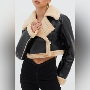 Selfie Leslie - Faux Fur Biker Jacket Black/Taupe - size Medium